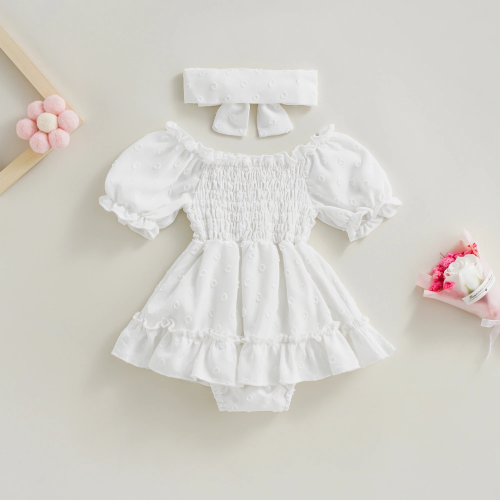 Baby Romper Dress Dot Pattern Elastic Boat-Neck Ruched Jumpsuit