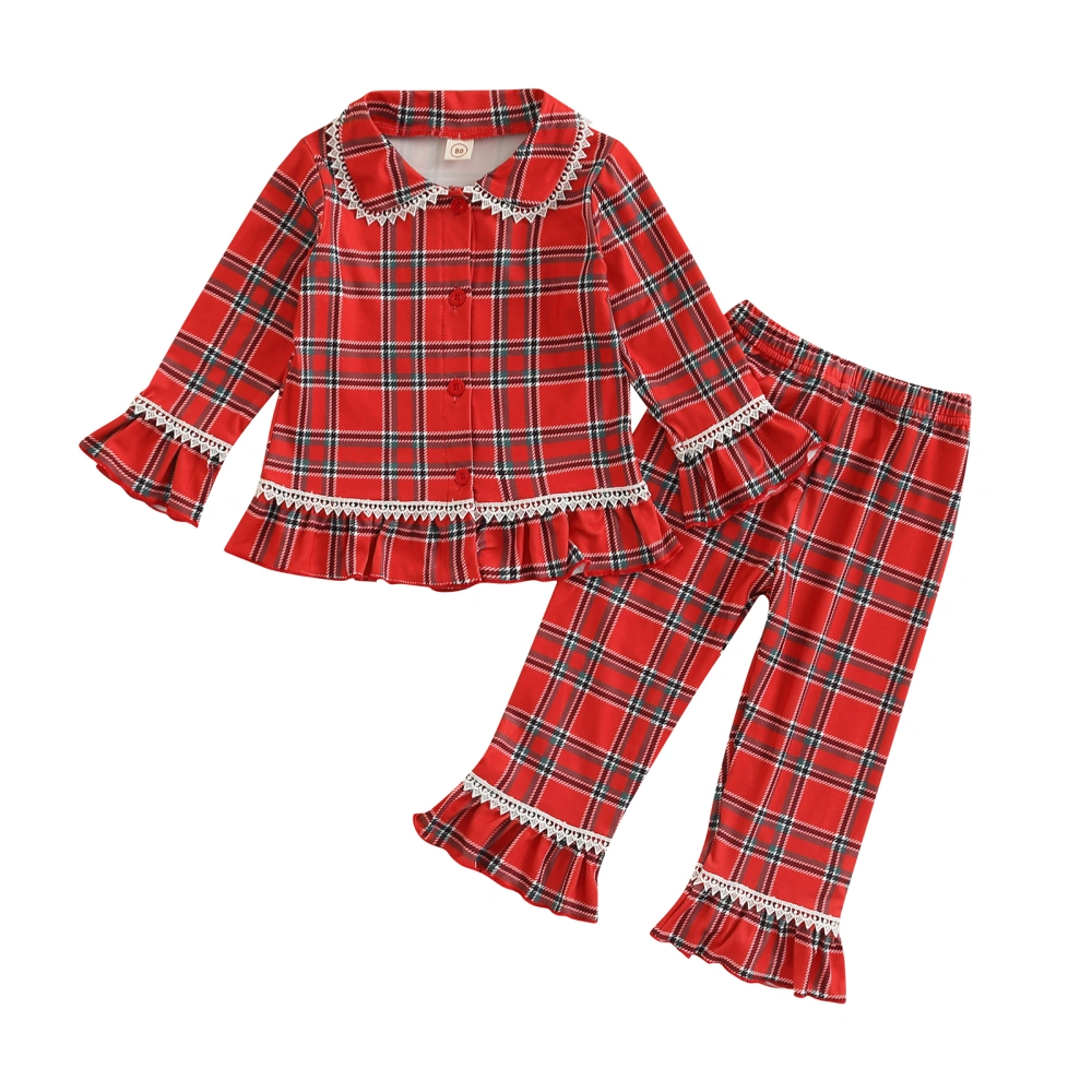 Kids Plaid Lapel Long Sleeve Ruffle Single-Breasted Tops+ Long Pants