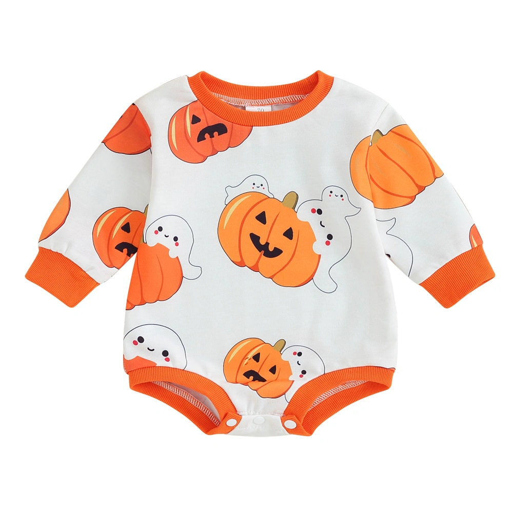 Baby Girls Halloween Long Sleeve Crewneck Pumpkin Ghost Print Romper