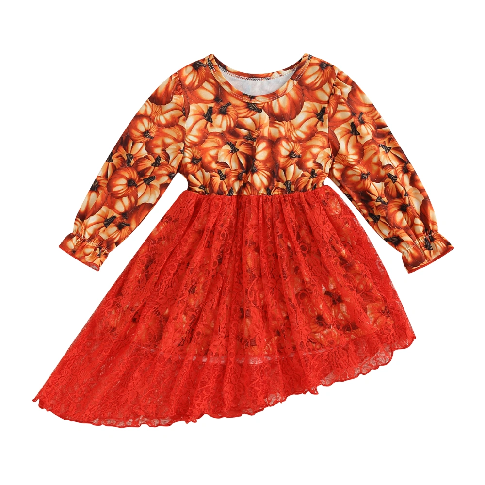 Toddler Halloween Long Sleeve Pumpkin Print Tulle Patchwork Dress