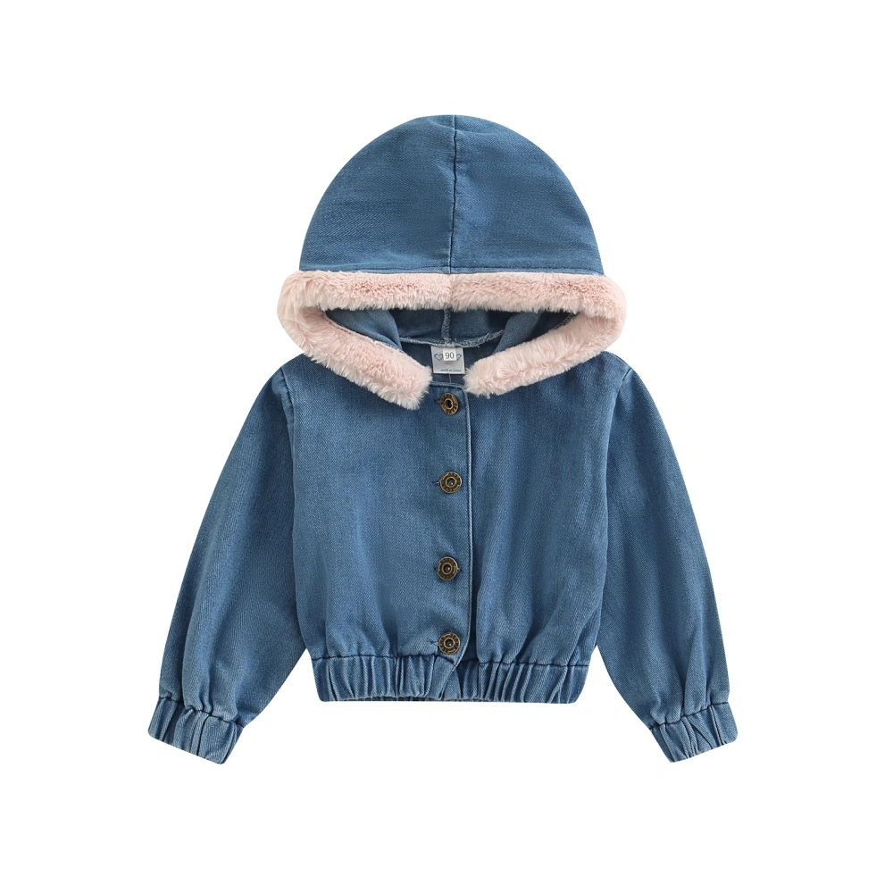 Girls Hooded Denim Coat, Long Sleeves Button Thick Winter Jacket