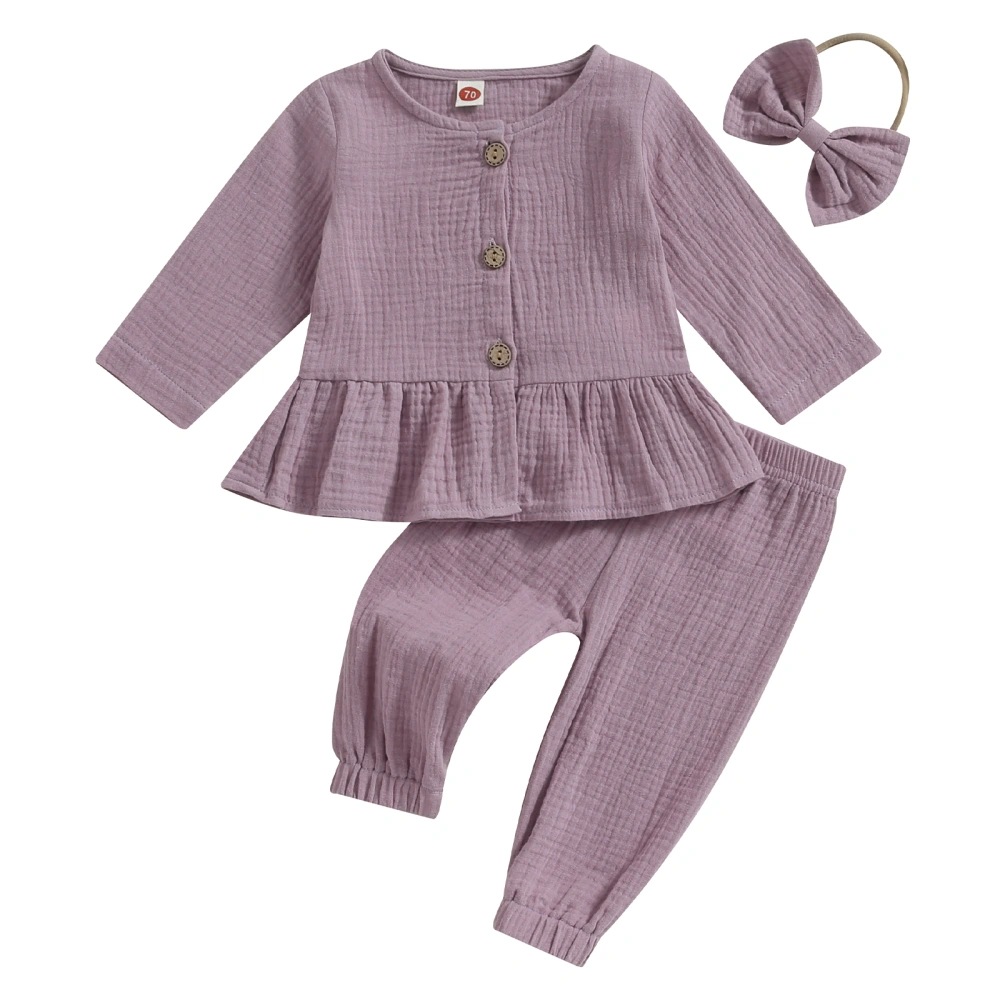 Baby Girls 3Pcs Fall Outfits Button Down Tops + Pants + Headband Set