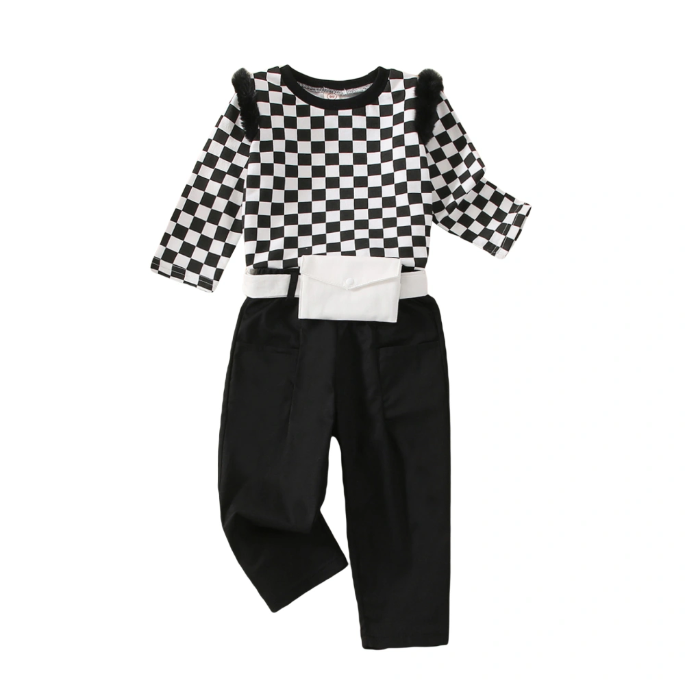 Girls Pants Set, Patchwork T-shirt + Solid/Plaid Pants + Waist Belt