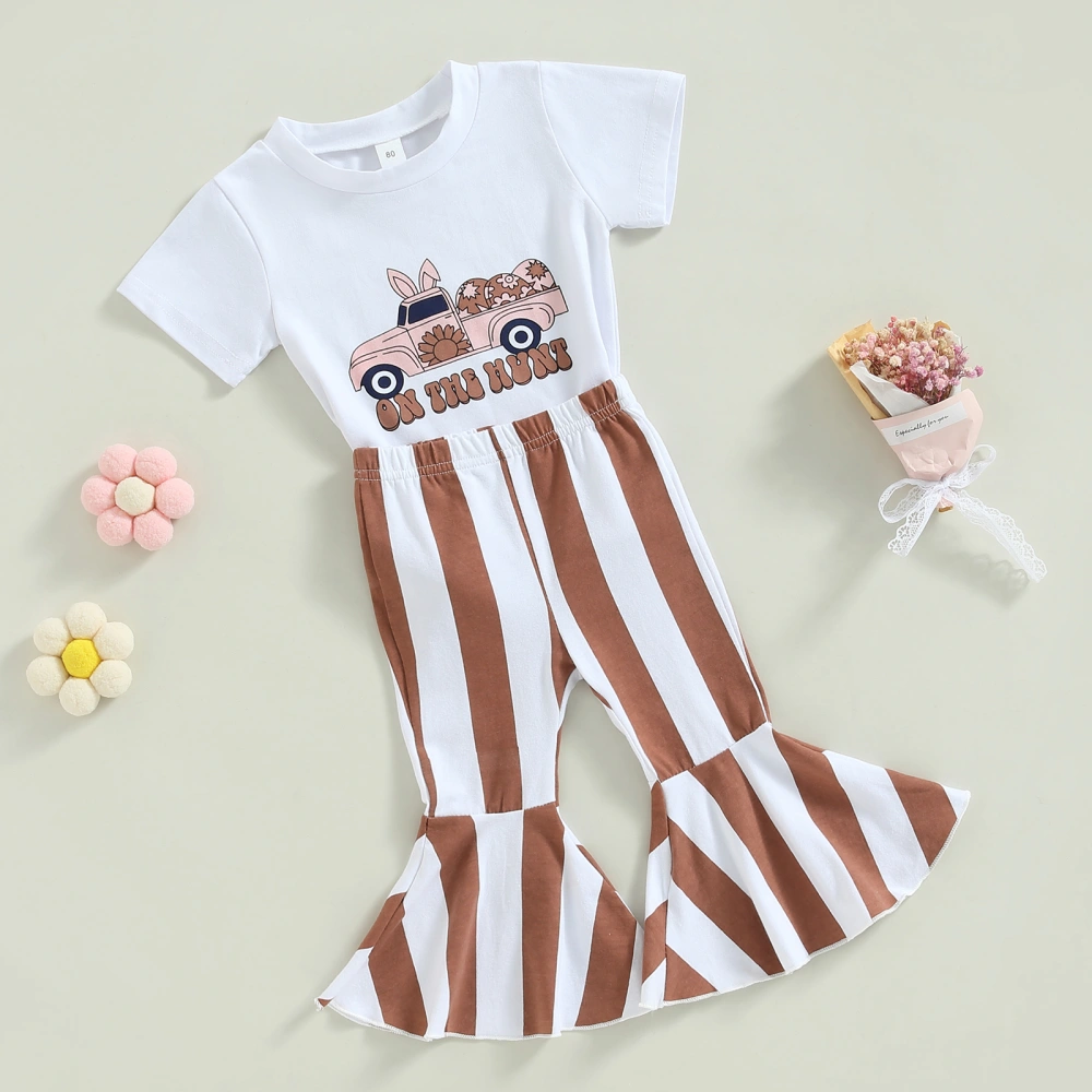 Girls Pants Set Short Sleeve Truck Print T-shirt + Striped Flare Pants