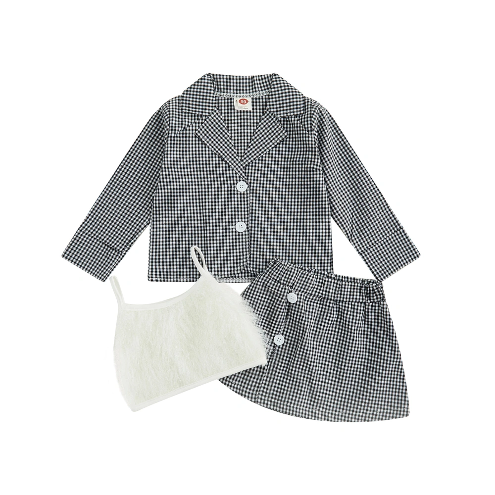 Girls 3PCS Outfits, Plain Camisole + Short Skirt + Plaid Suit Jacket