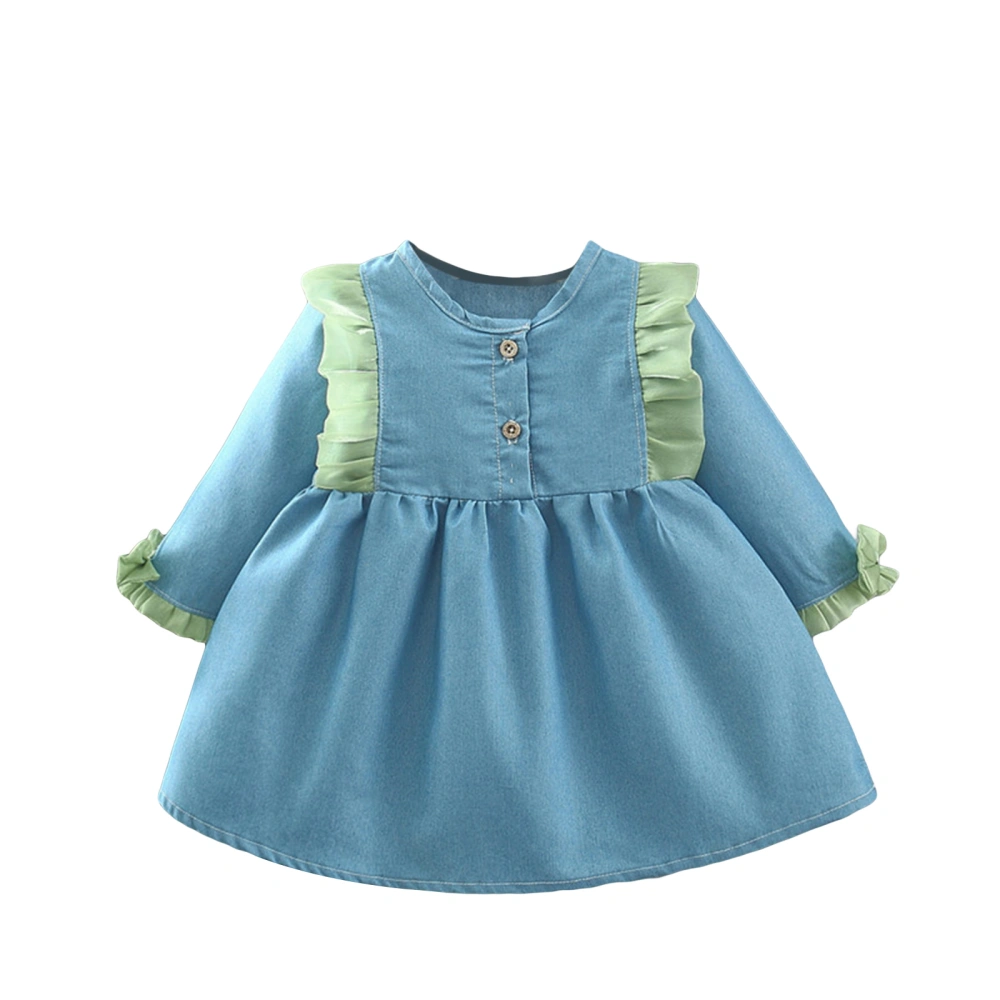 Baby Dress Denim Frills Patchwork Buttons Crew Neck Toddler Dress