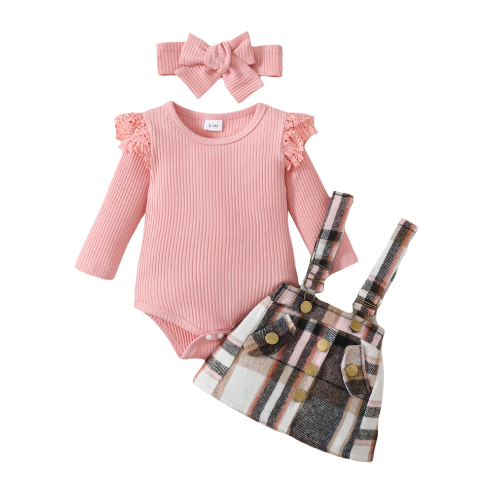 Infant 3 Pieces Outfit, Solid Color Romper + Plaid Skirts + Headband