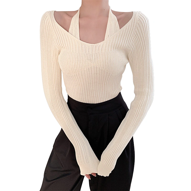 Women's Halter Rib Knit Tops, Long Sleeve Solid Color Slim Fit T-Shirt