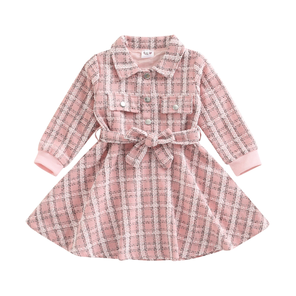 Girls Plaid Pattern Long Sleeve Button-down Collared Dress with Belt