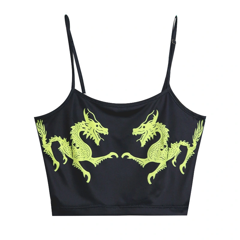 Women Bodycon Camisole, Black Chinese Dragon Print Crop Tank Tops