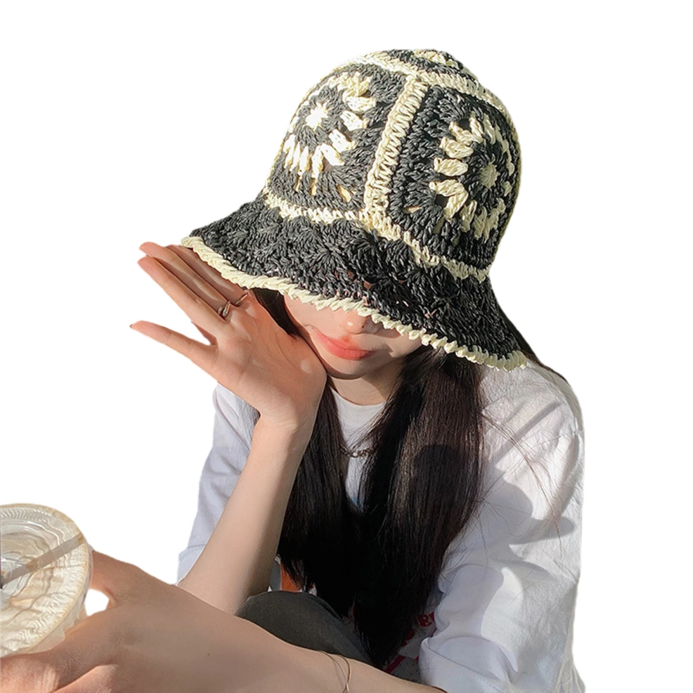 Women Woven Straw Hat Hollow Flower Pattern Sun Protection Bucket Hat 