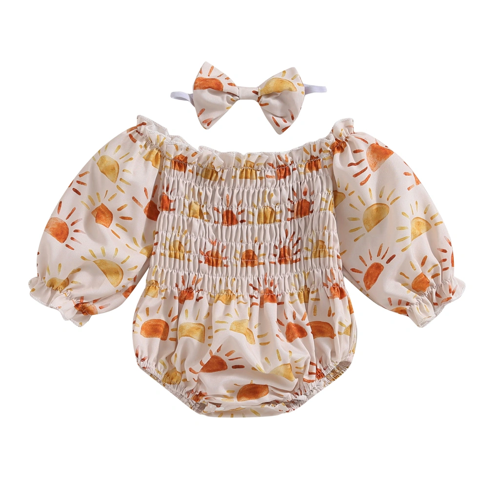 Infant Girl Sun Print Off Shoulder Long Sleeve Romper + Headband