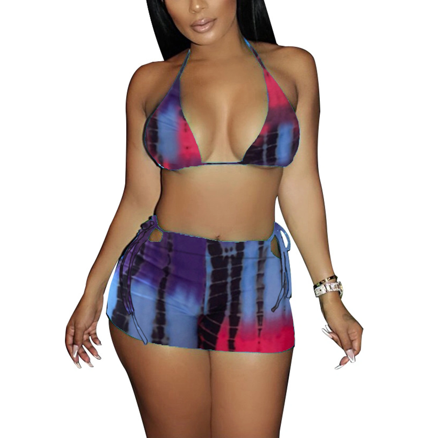 Women Swimming Clothes Set, Tie-dyed Printed Pattern Tops and Skirt