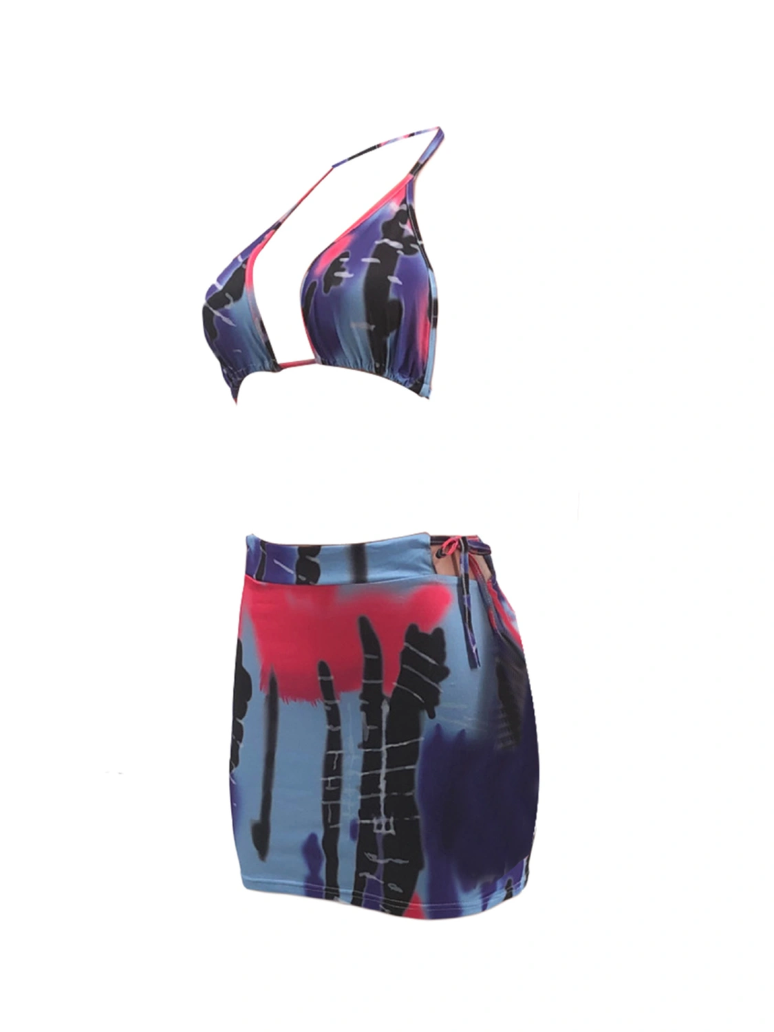 Women Swimming Clothes Set, Tie-dyed Printed Pattern Tops and Skirt