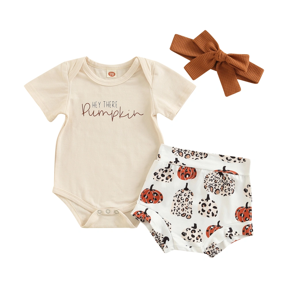 Baby Girl’s Letter Short Sleeve Romper and Pumpkin Shorts & Headband