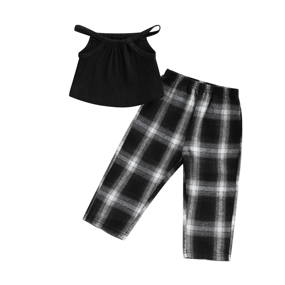 Toddler Girls Suit, Solid Sleeveless Sling Tops+Plaid Long Pants