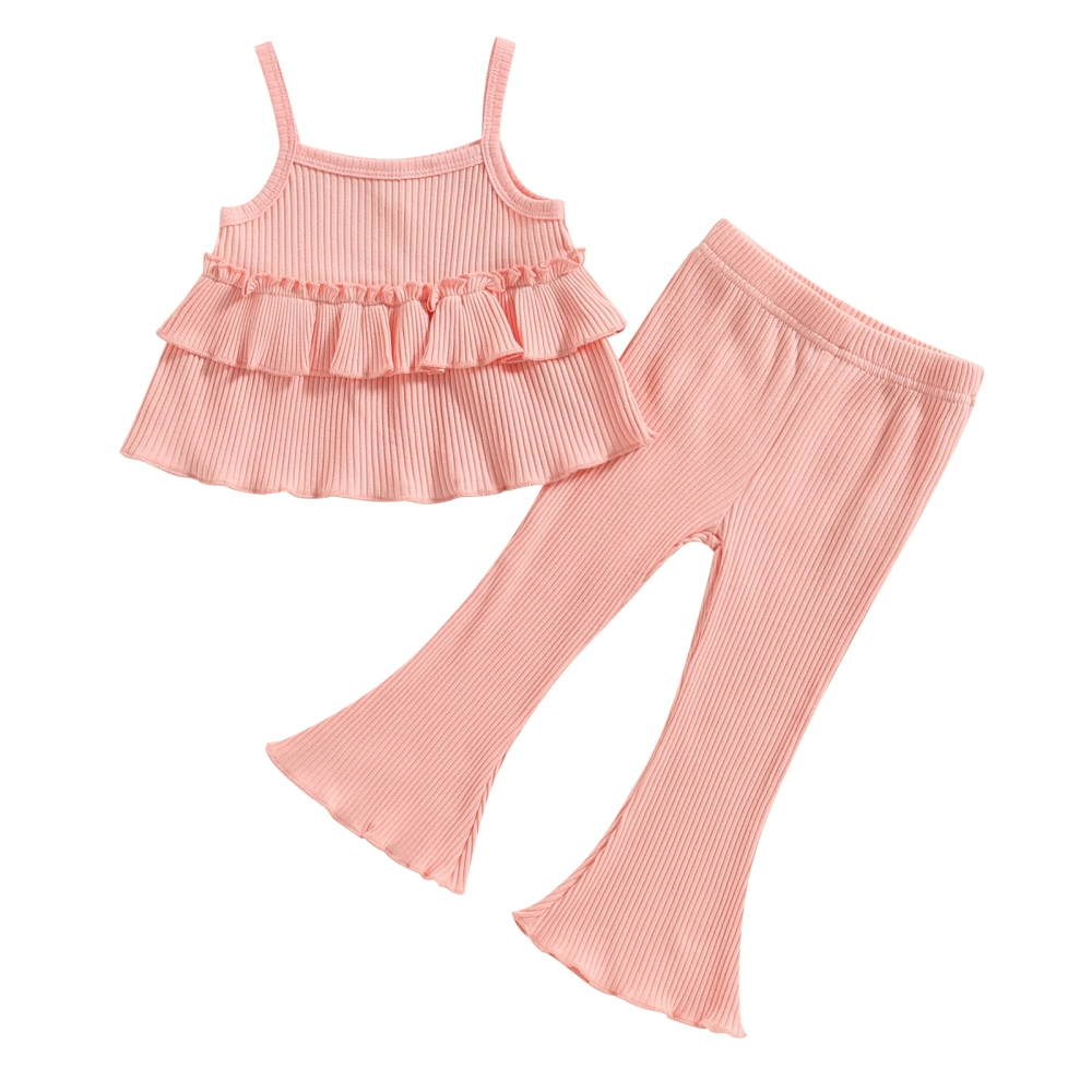 Girls Layered Ruffle Camisole + Solid Color Ribbed Flared Pants