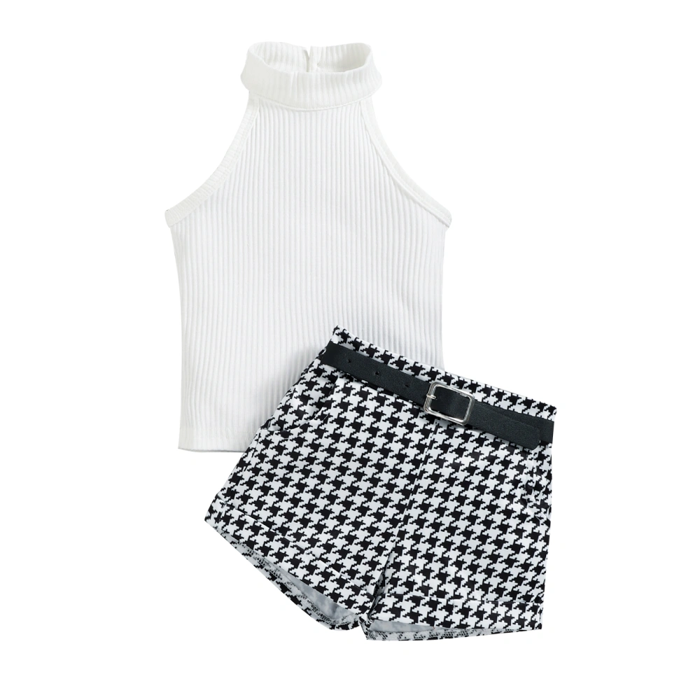 Toddler Girls Outfits, Ribbed Tops + Houndstooth Shorts + Waist Belt