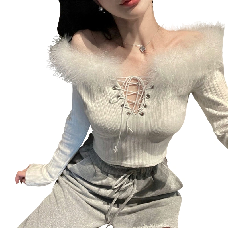 Women Knitting Shirt Long Sleeve V Neck Bandage Drawstring Blouse