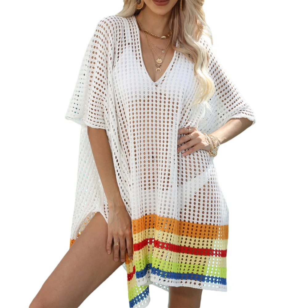 Women Bikini Cover-Ups Hollow-Out See-Through Colorful Stripe Blouse