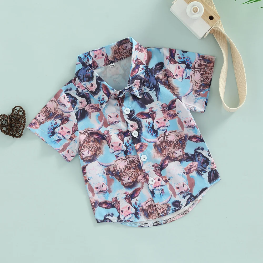 Boy Summer Shirt, Cartoon Pattern Printed Kid Lapel Neck Tops Clothing