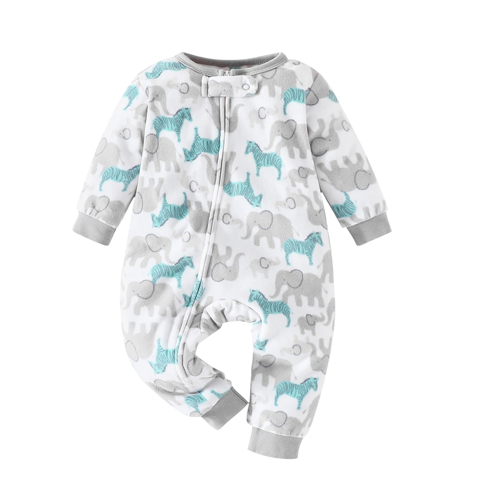 Baby Jumpsuit, Long Sleeve Crew Neck Animal Print Zip-up Fall Romper