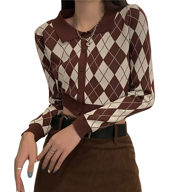 Women Diamond Crop Tops Sweater, Long Sleeve Buttoned Lapel Collar