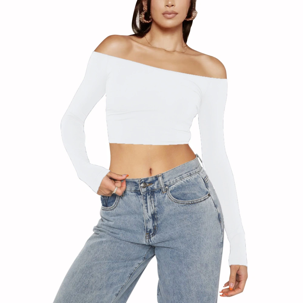 Women Long Sleeve Off Shoulder Solid Casual Street Party Crop Tops