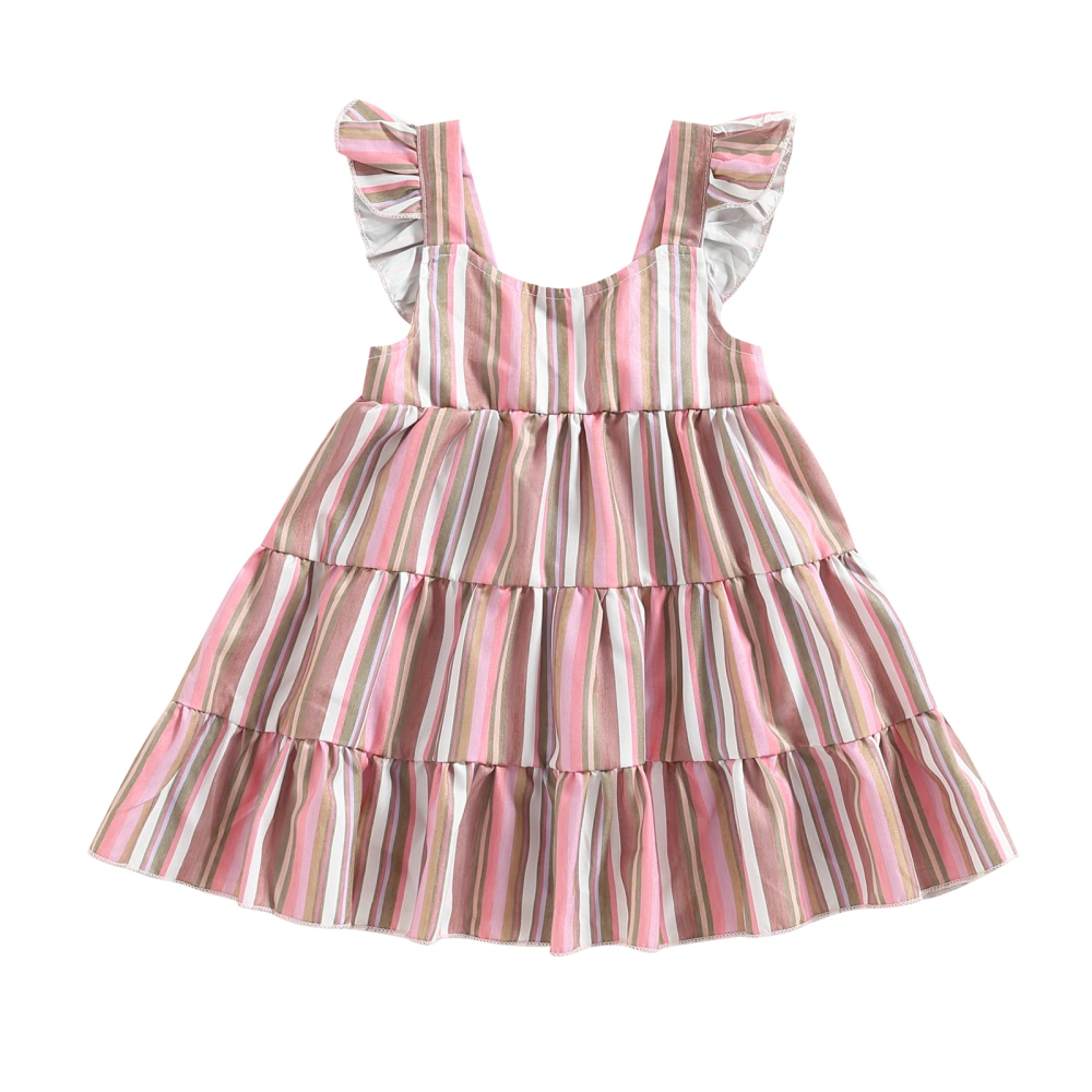 Toddler Girls Summer A-line Dress Flying Sleeve Pleated Striped Dress