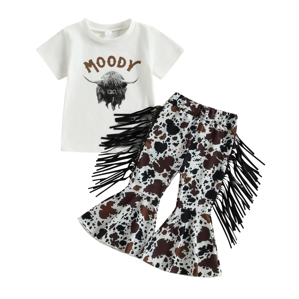 Girl 2Pcs Western Outfits, Cow Print T-shirts + Tassel Flare Pants Set