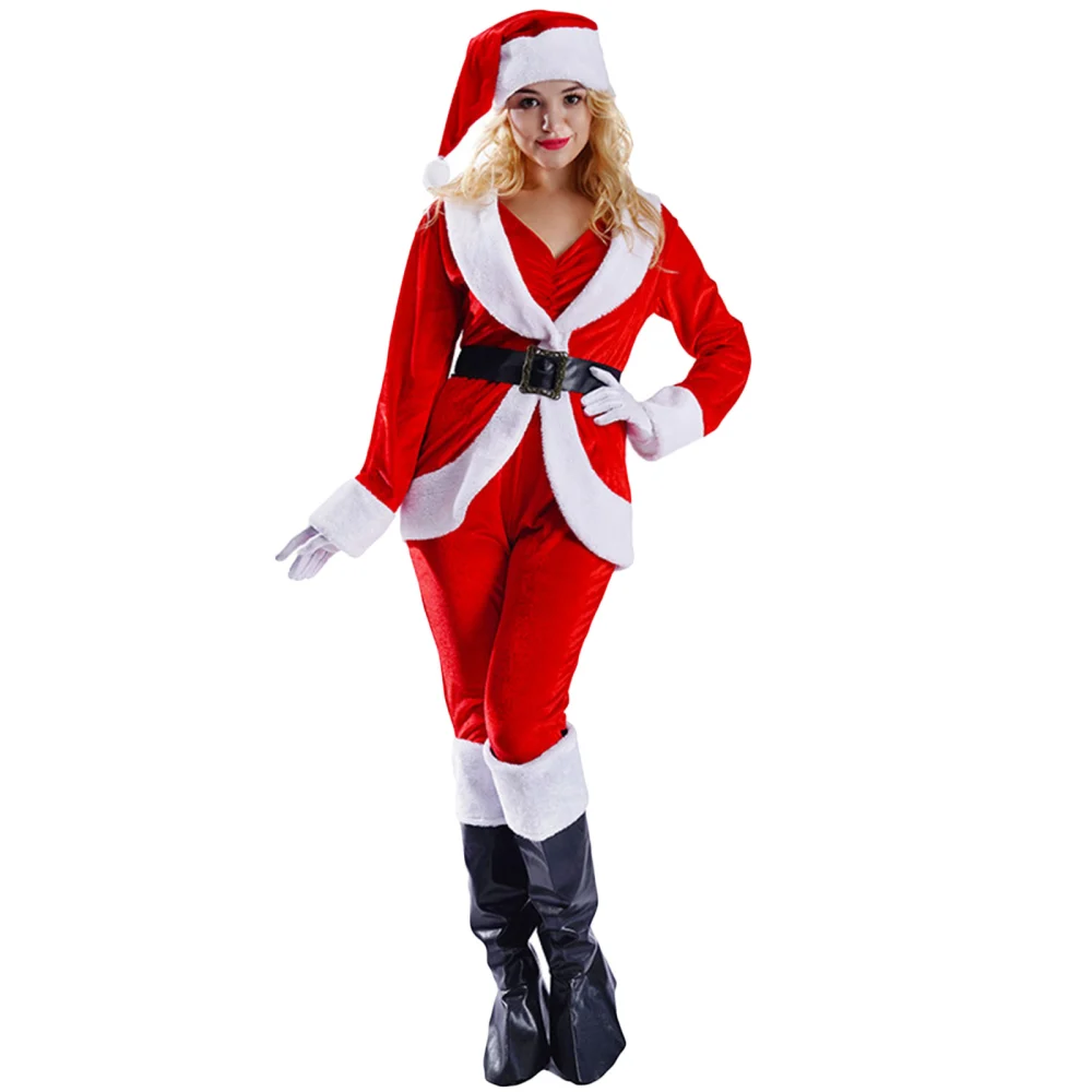 Women Cos-Play Coat+ Romper+ Santa Hat+ Gloves+ Boots+ Waist Belt  