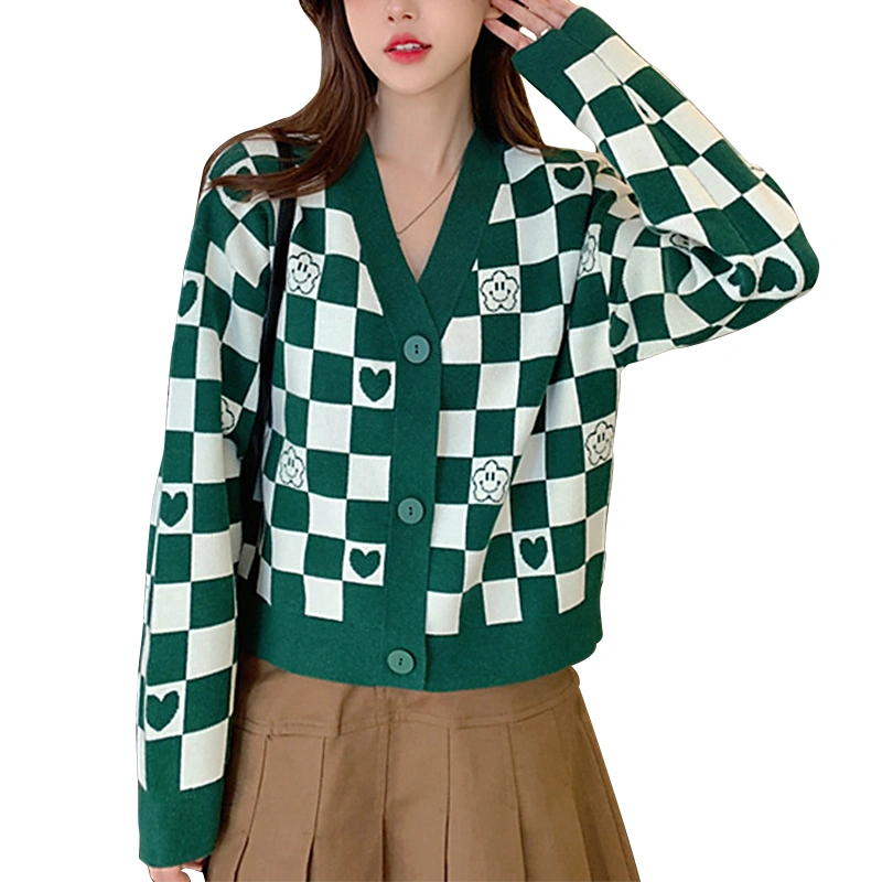 Women Knitted Cardigan with Plaid Pattern, Loose Fit Autumn Clothing