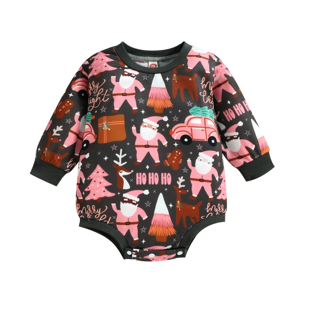 Baby Santa Claus Tree Elk Print Round Neck Long Sleeve Romper Bodysuit