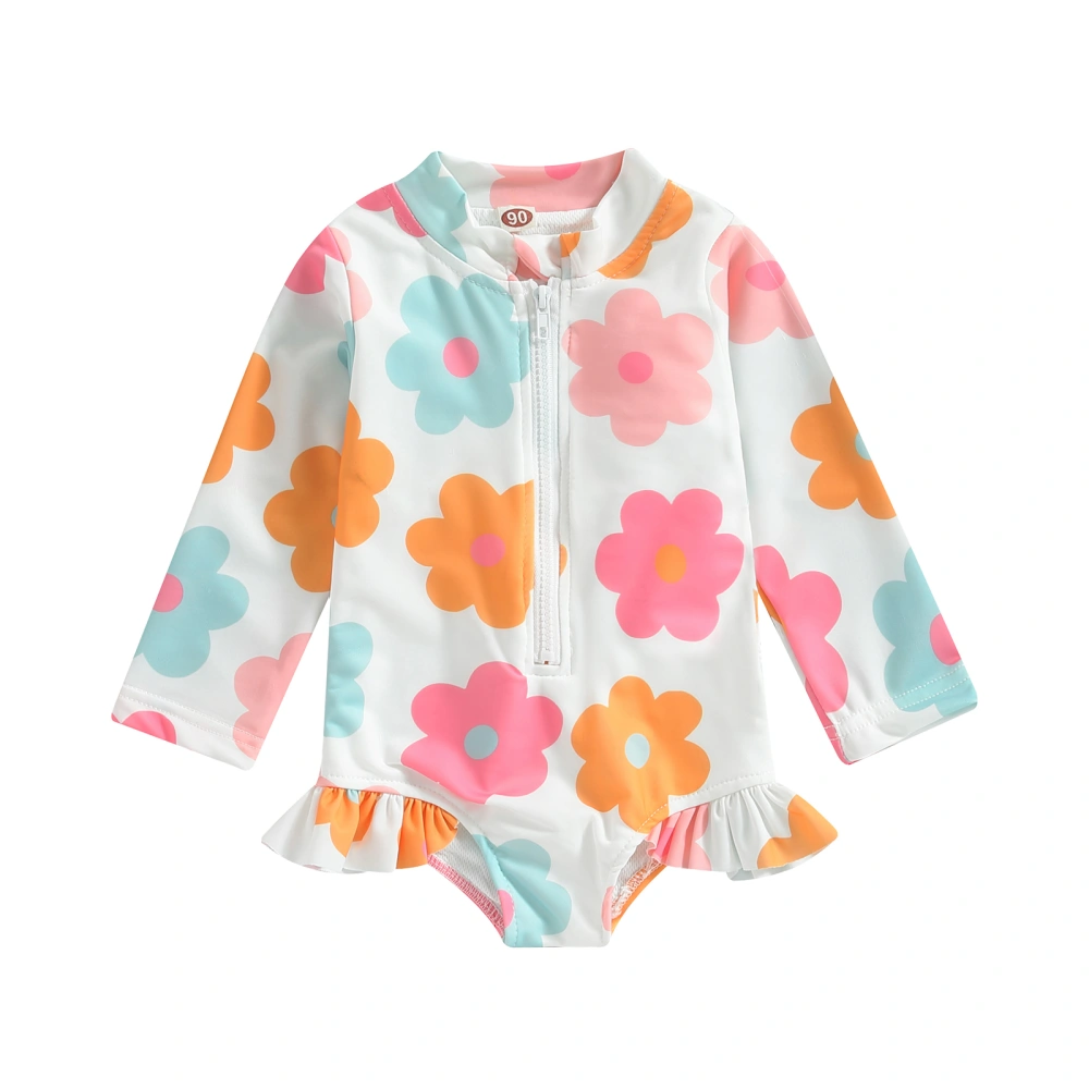 Kids Girl Swimsuits Summer Floral Long Sleeve Zipper Ruffles Jumpsuit 