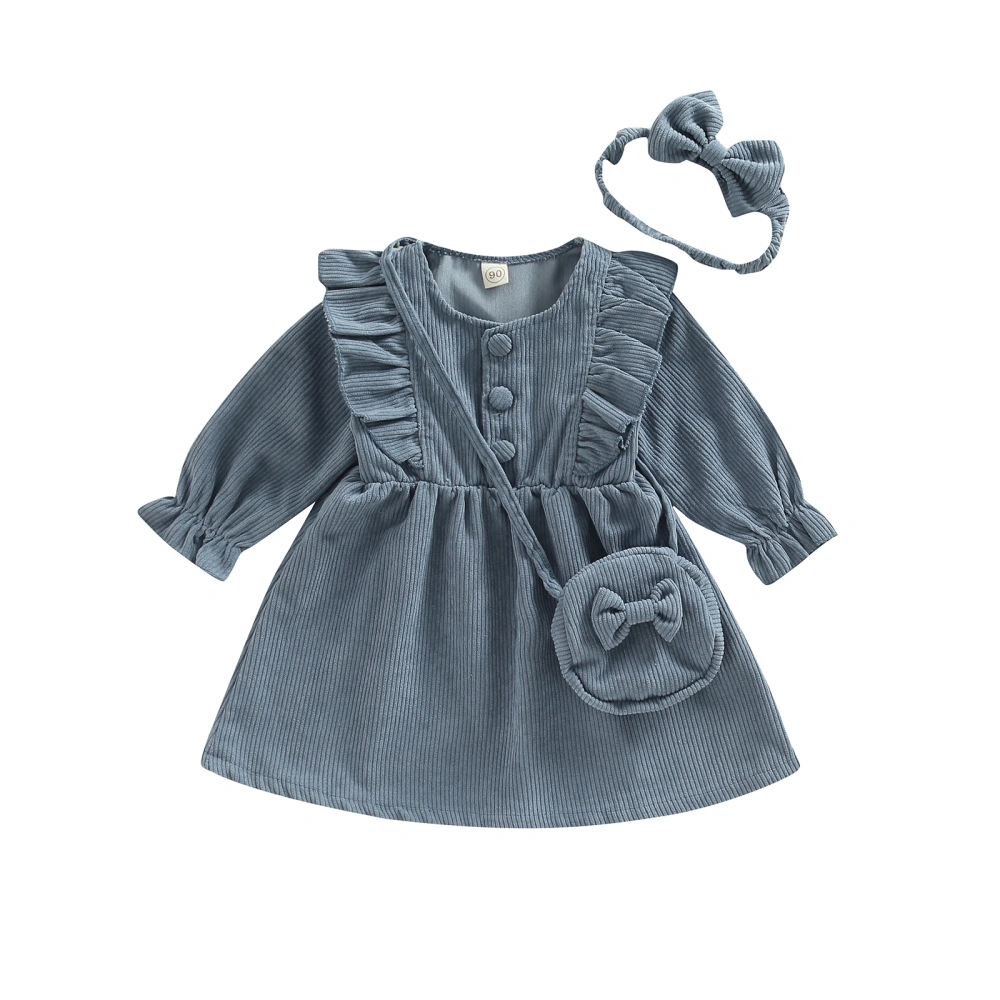 Girl Long Sleeve Ruffled Button A-Line Dress with Headband and Bag