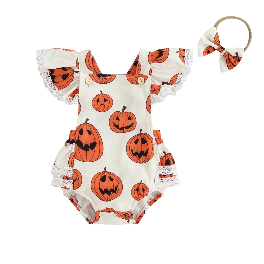 Baby Girls 2Pcs Halloween Outfits Pumpkin Ruffle Romper with Headband