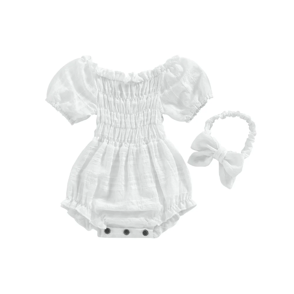 Baby Girls Summer Outfits, Short Sleeve Pleated Romper with Headband