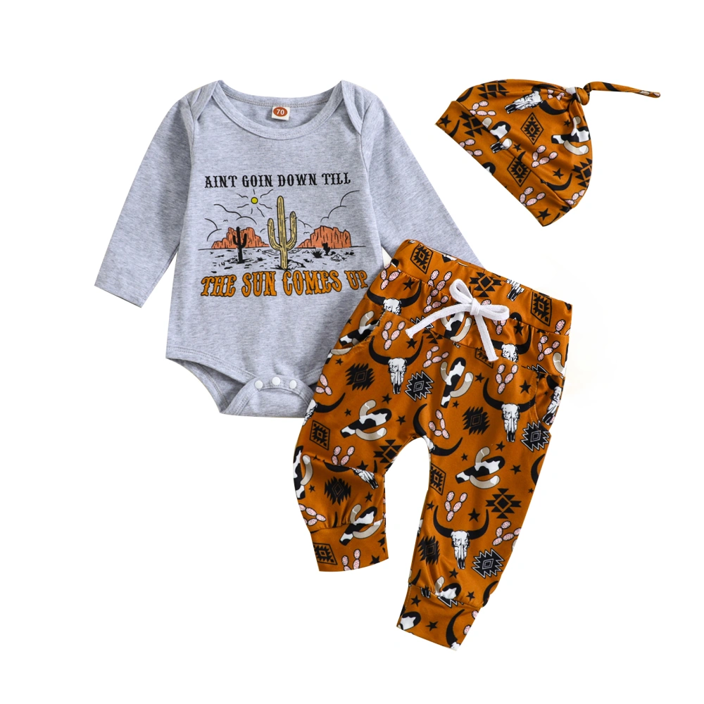 Baby Boy Western Outfit Bull Head Print Rompers and Pants Hat Set