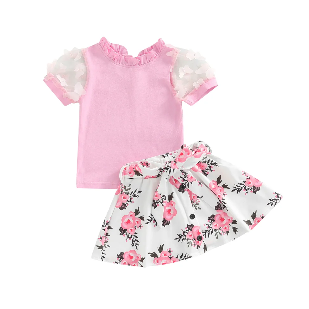 2-Piece Girls Outfits, Patchwork Mock Neck Tops + Floral Belted Skirt