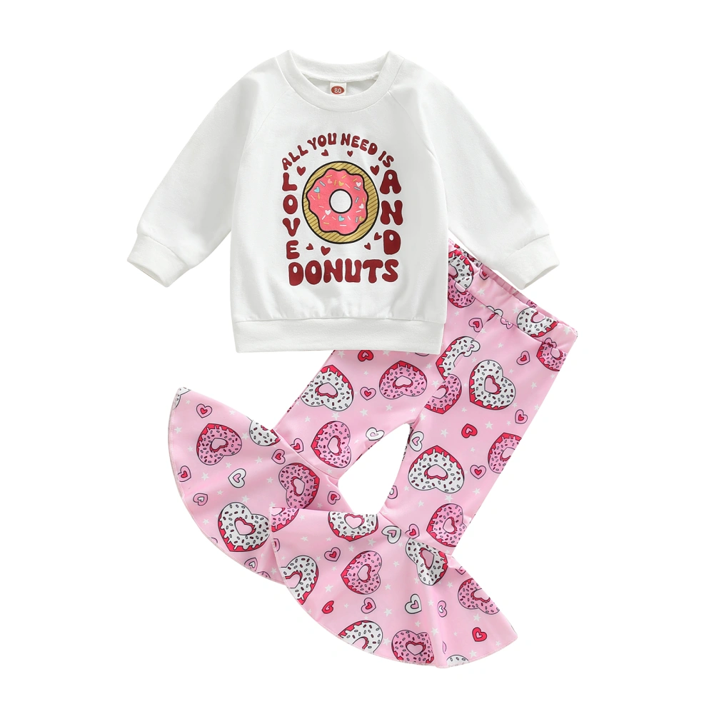 Kid Girls Pants Set Letters Donut Print Sweatshirt + Heart Print Pants