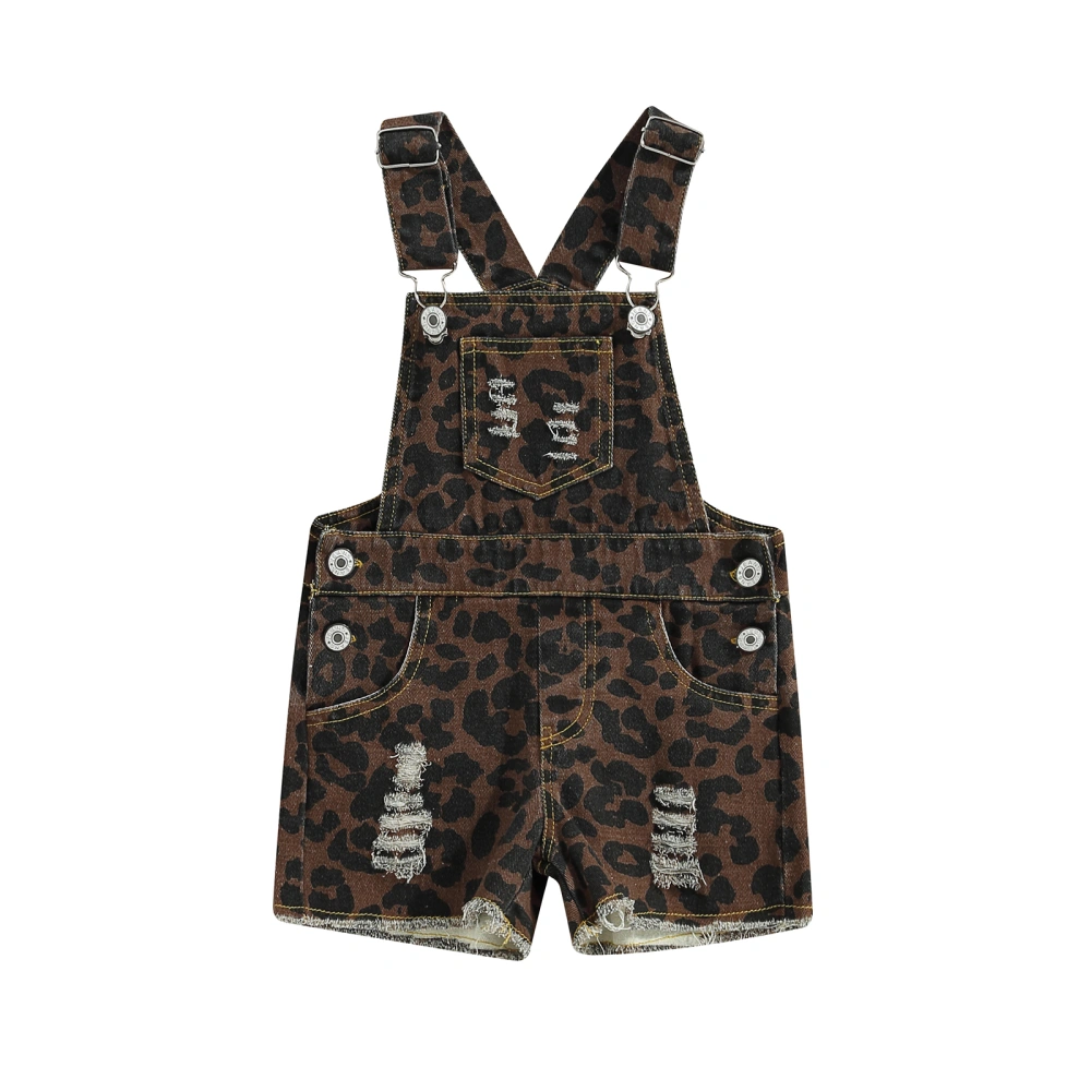 Girl Sleeveless Solid Color/Leopard Print Suspender Shorts with Pocket