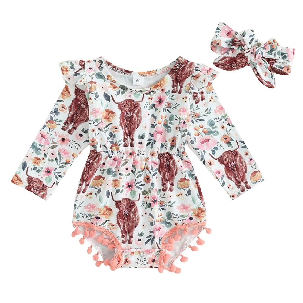 Baby Girl 2 Piece Outfits Western Cow Floral Print Romper and Headband