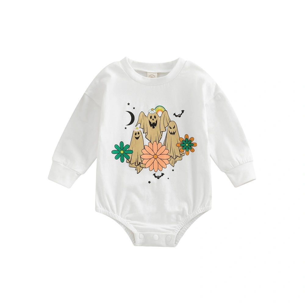 Infant Girls Halloween Romper, White Printing Long Sleeve Jumpsuit