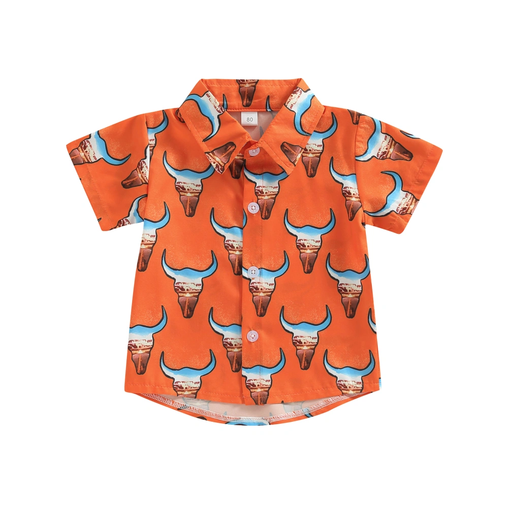 Kids Boys Shirt, Short Sleeve Button-down Bull Head Print Summer Tops