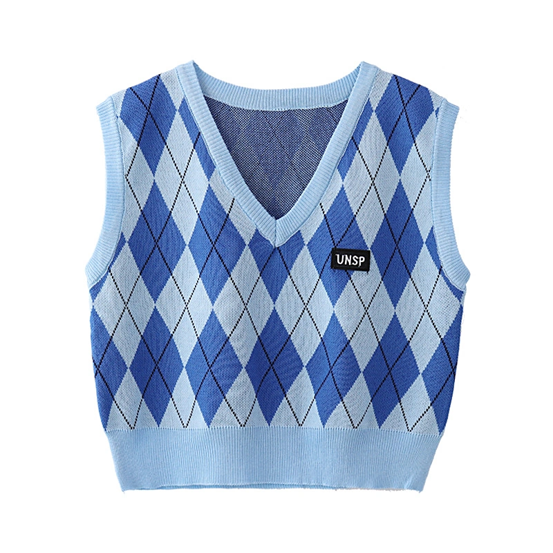 Ladies Tops V-neck Sleeveless Rhombus Print Knitting Retro Vest