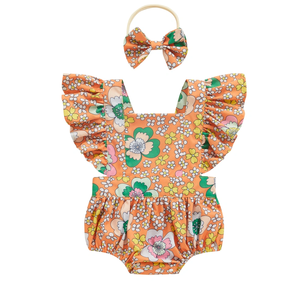 Baby Girls Romper Set, Flower Print Fly Sleeve Romper with Hairband