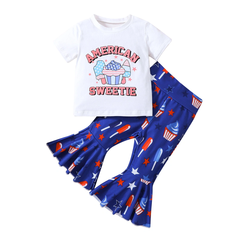 Girls Pants Set, Letters Print T-shirt + Dessert Print Flare Pants