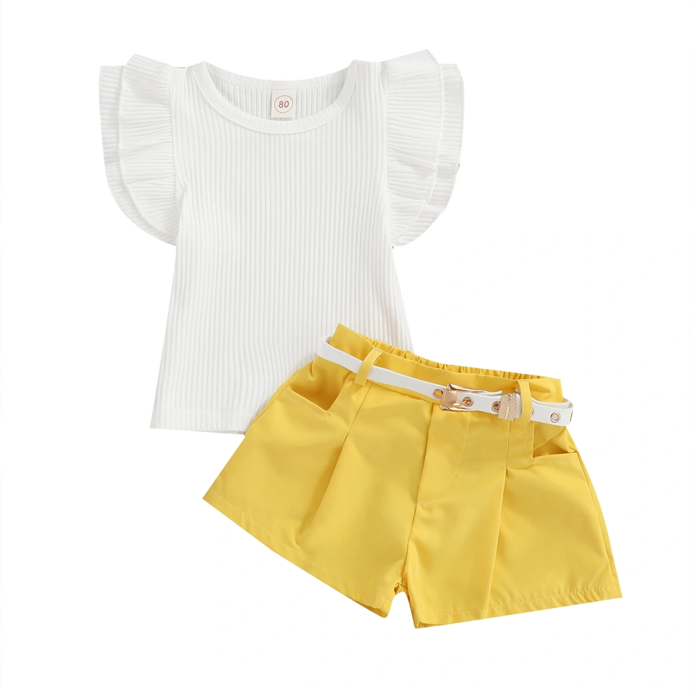 Girl Clothing Two Piece, Fly Sleeve T-shirt Matching Shorts with Belt