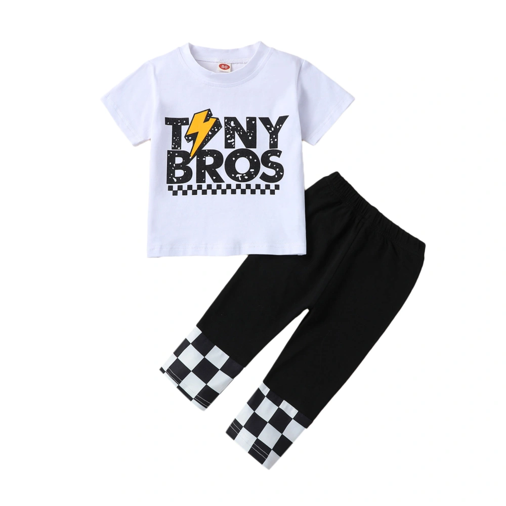 2Pcs Baby Boy Summer Outfits, Letter Tops + Checkerboard Pants Set