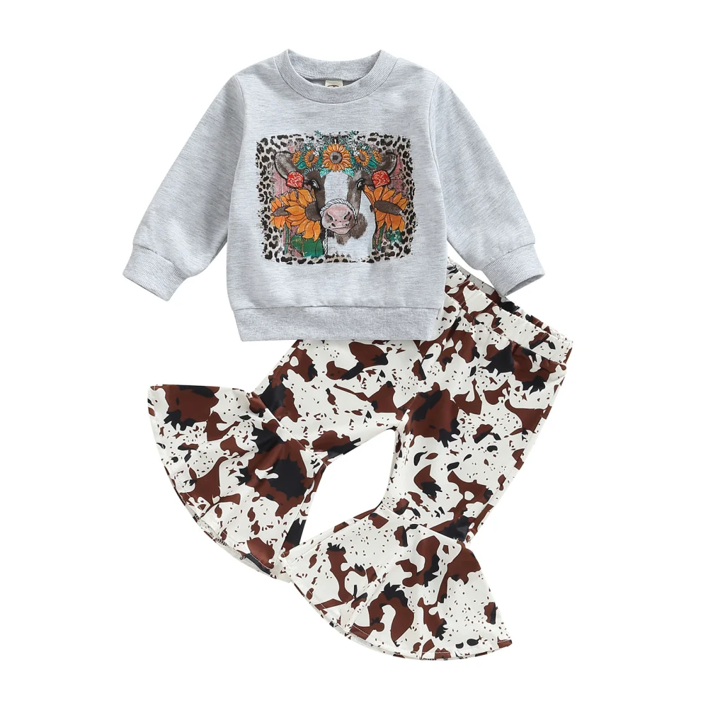 Girls Christmas Pants Set, Cow/Letters Print Sweatshirt + Flare Pants